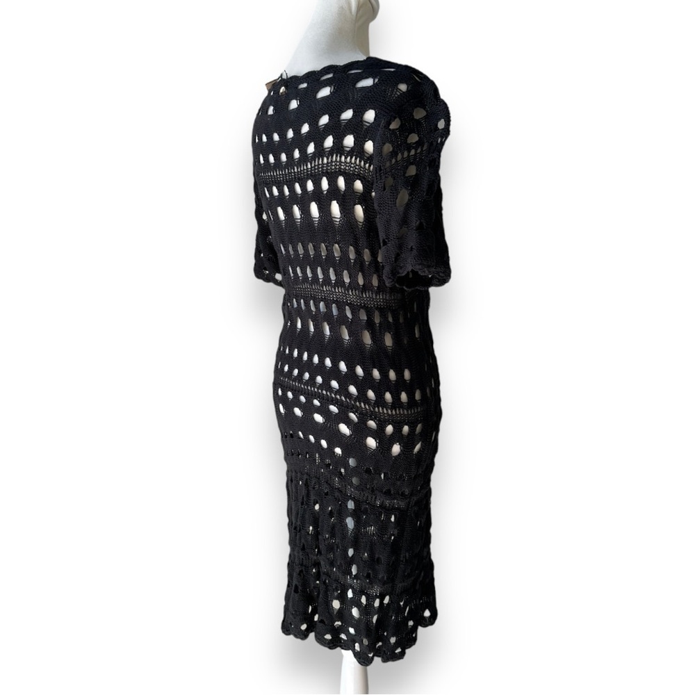 New Kial Black Crochet Knit Short Sleeve Midi Dress or Swim Cover | Large - Picture 8 of 12